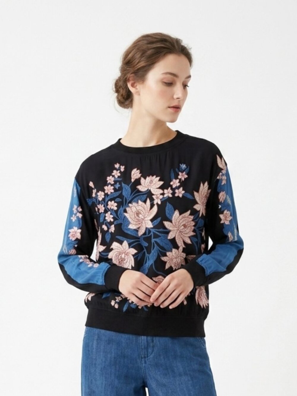 Vintage Carol Little Blouse Black Blue Floral Artsy Casual 6